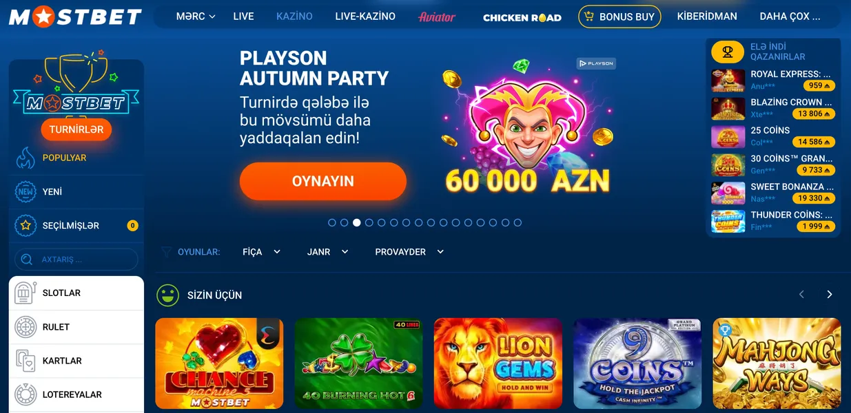 Oyun kataloqu və yüksək RTP slotlar Mostbet